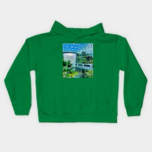 A roof waterfall with passing sky trains in Changi airport 1 Kids Hoodie